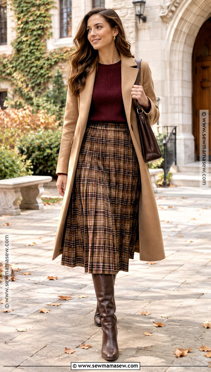 Maroon Sweater And Plaid Skirt Autumn Outfit - 20 Autumn Colour Palette Outfits