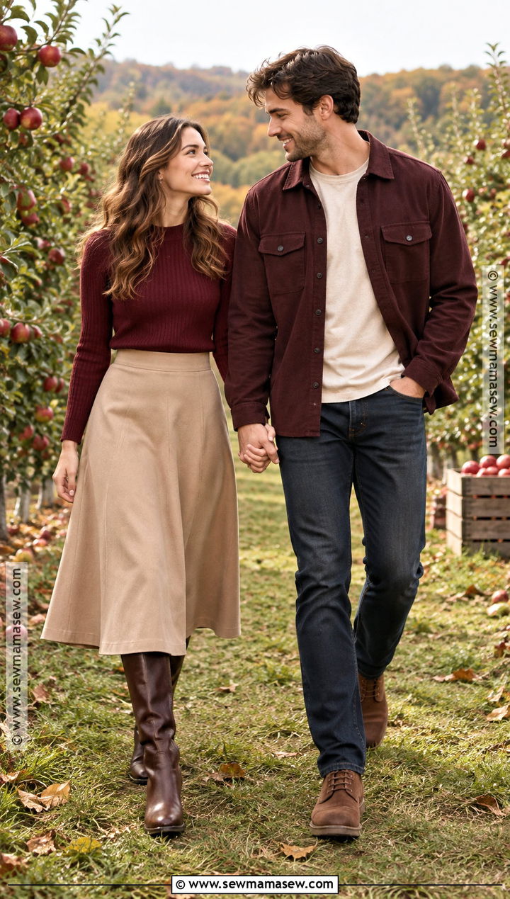 Maroon Sweater And Tan Skirt Fall Couples Photo Outfit - 20 Fall Outfits Couples Photo Ideas