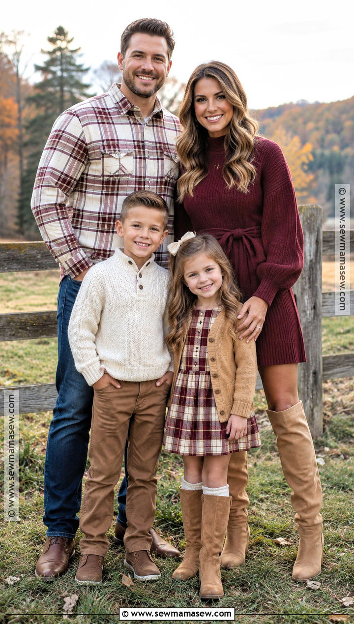 Maroon Sweater Dress And Plaid Family Outfit - 15 fall family pictures outfits maroon