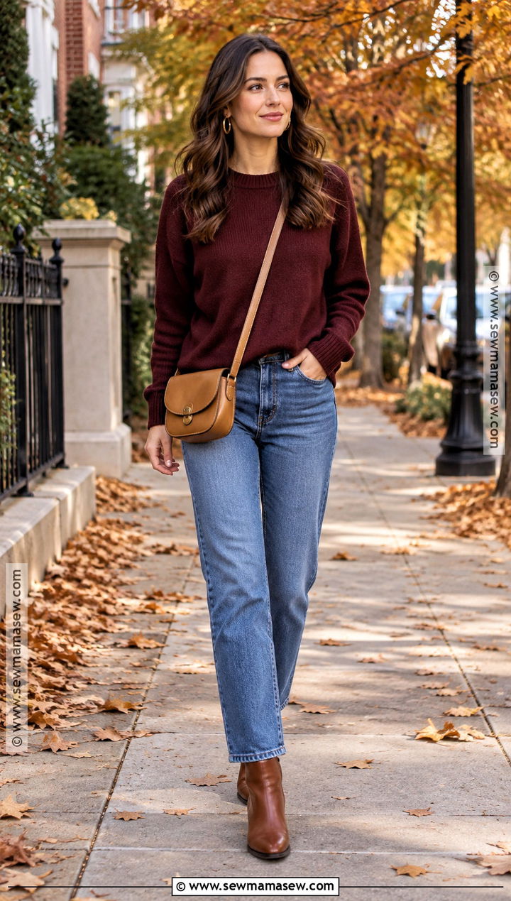 Maroon Sweater With Straight Leg Jeans - 20 maroon fall outfit ideas