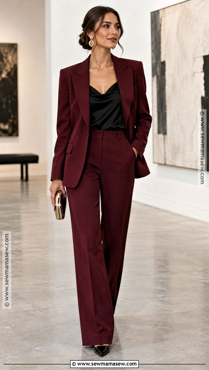 Maroon Tailored Pantsuit Outfit - 15 Wedding Guest Fall Outfit Classy Ideas