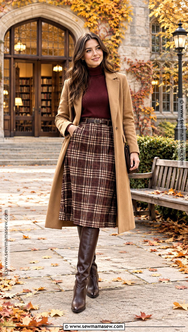 Maroon Turtleneck With a Plaid Skirt - 20 maroon fall outfit ideas