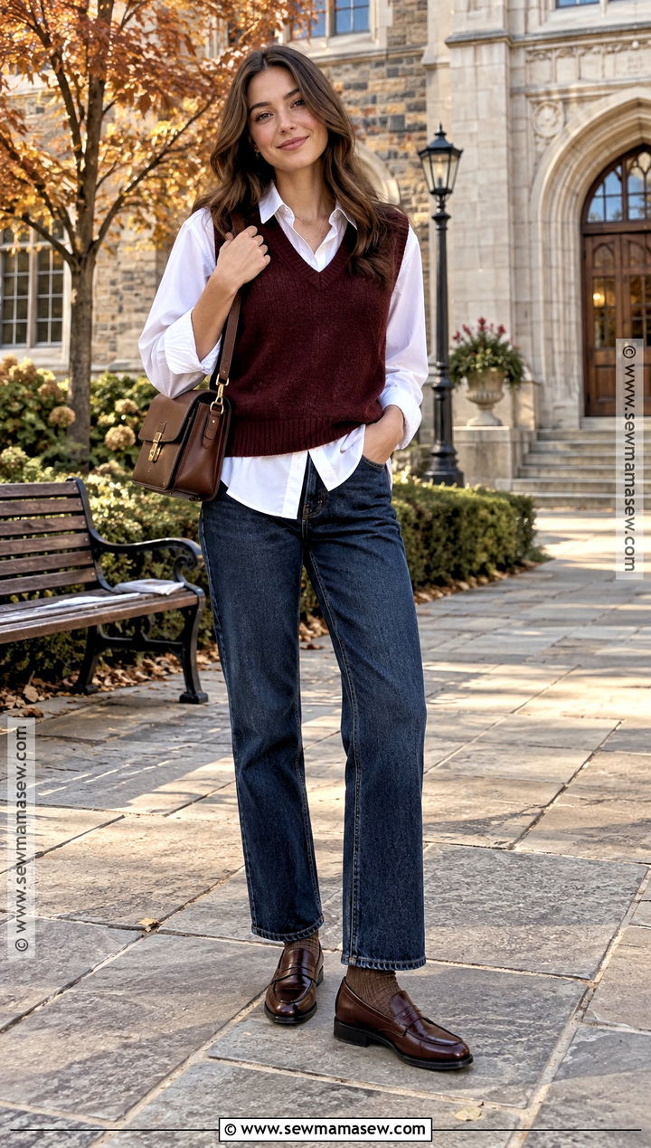Maroon Vest With a White Shirt and Jeans - 20 maroon fall outfit ideas