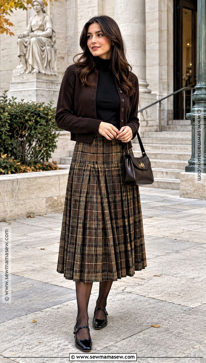 Mary Jane Ballet Flats With A Plaid Midi Skirt - 15 fall ballet flats ideas