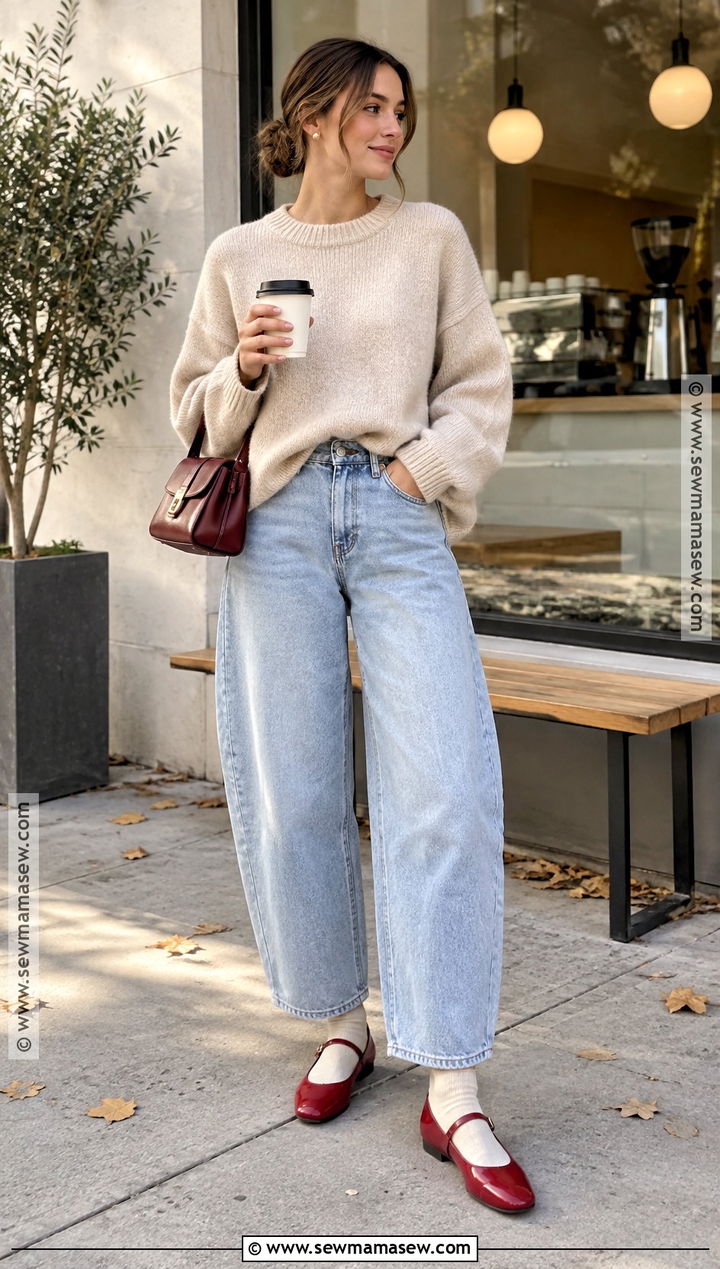 Mary Jane Flats With Barrel Jeans And Oversized Sweater - 20 mary jane flats outfit fall ideas