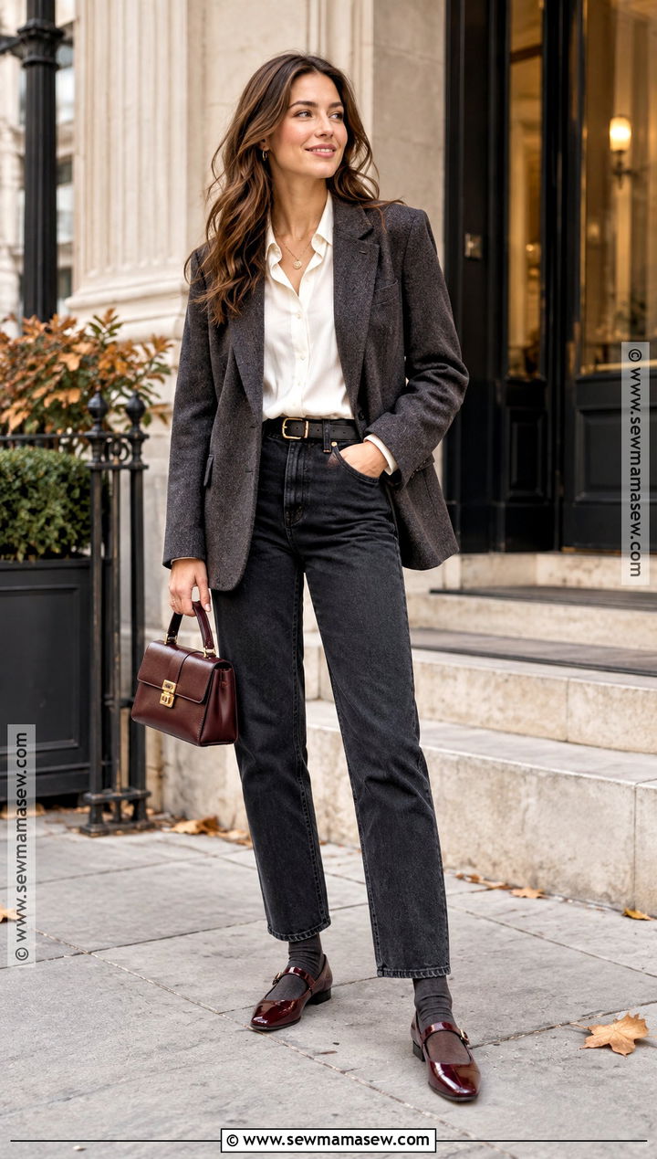 Mary Jane Flats With Dark Jeans And A Blazer - 15 comfortable shoes for autumn