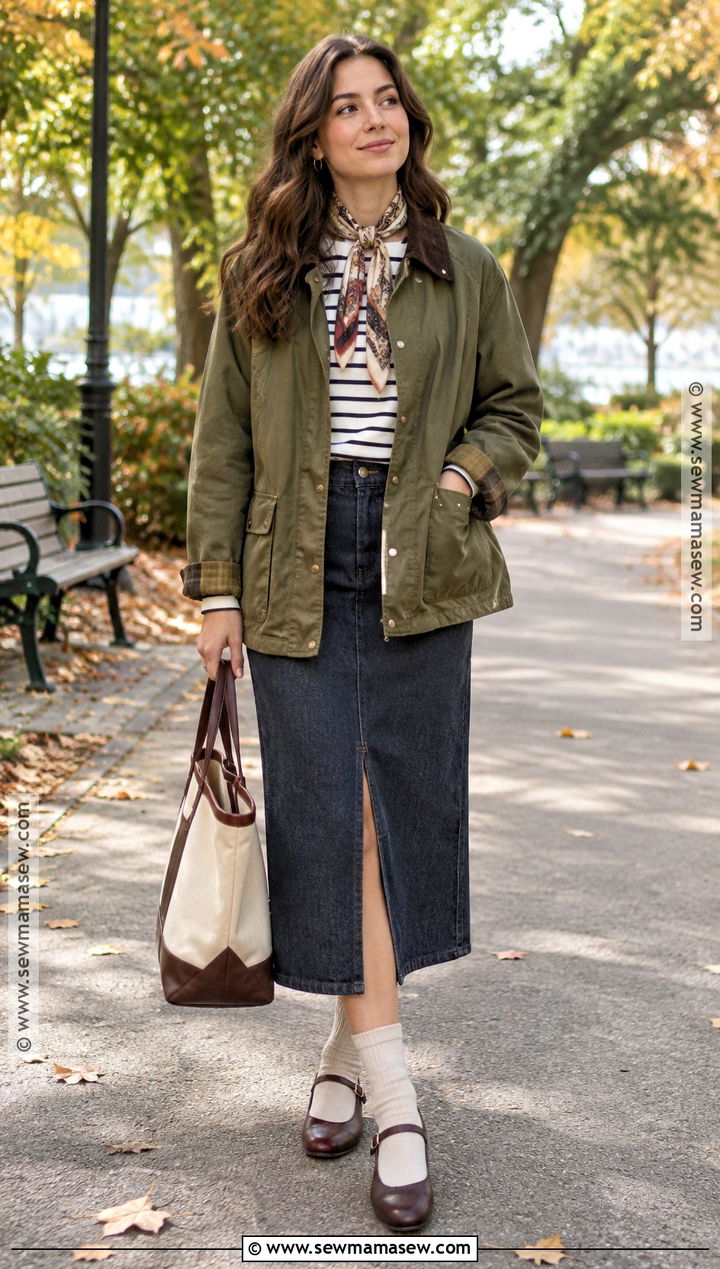 Mary Jane Flats With Denim Midi Skirt And Barn Jacket - 20 mary jane flats outfit fall ideas
