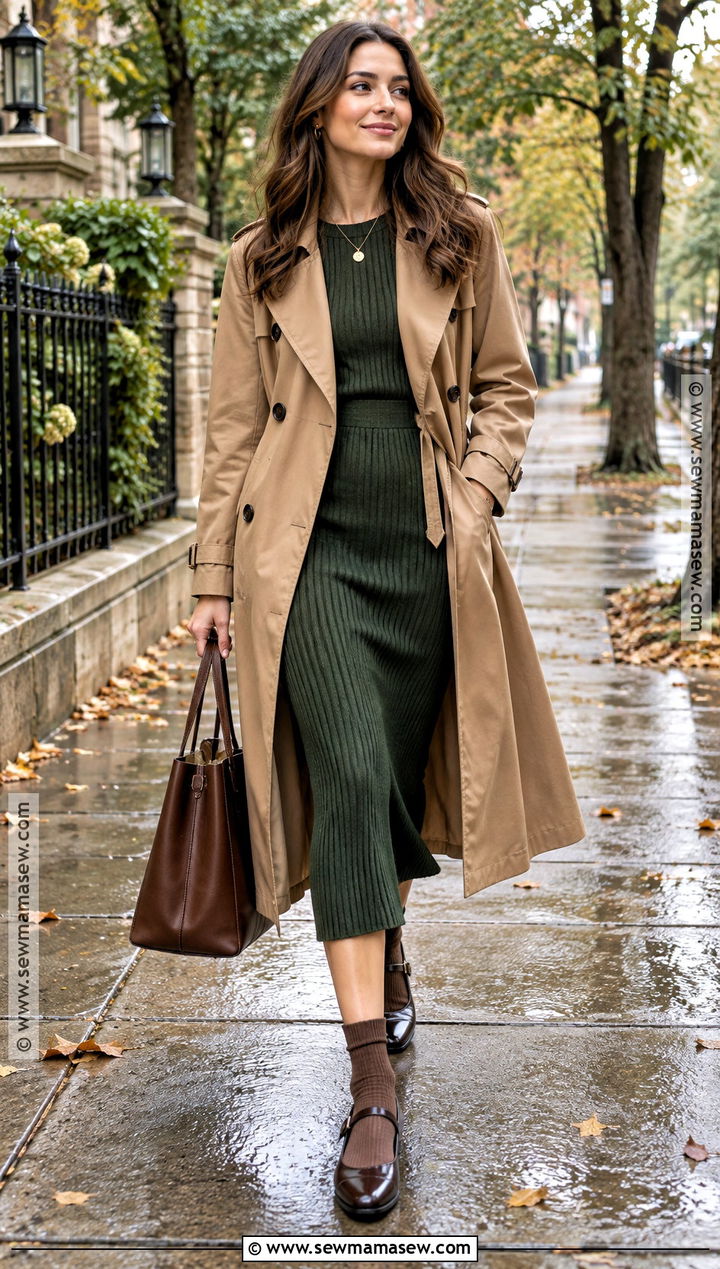 Mary Jane Flats With Knit Dress And Trench Coat - 20 mary jane flats outfit fall ideas