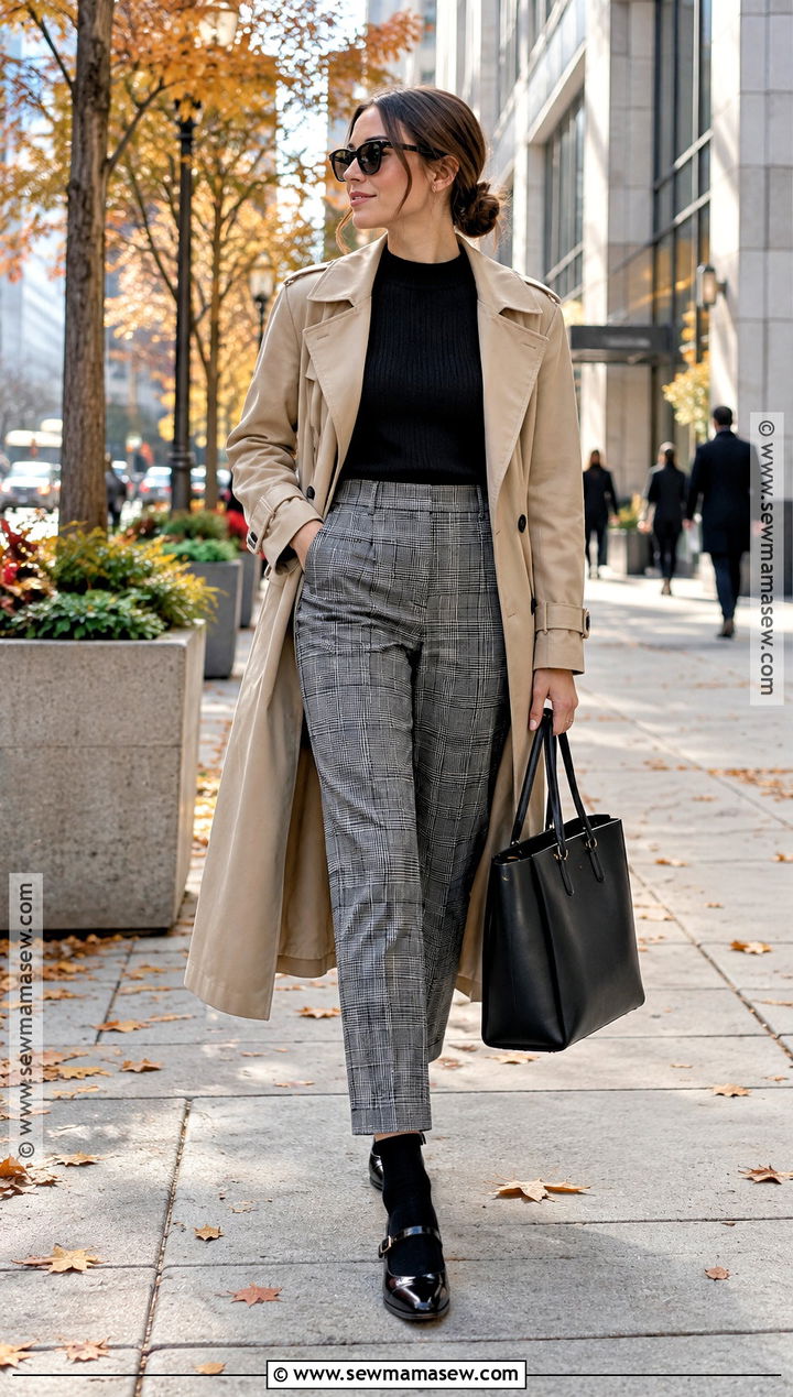 Mary Jane Outfit With Plaid Trousers And Trench Coat - 20 Mary Jane Fall Outfits