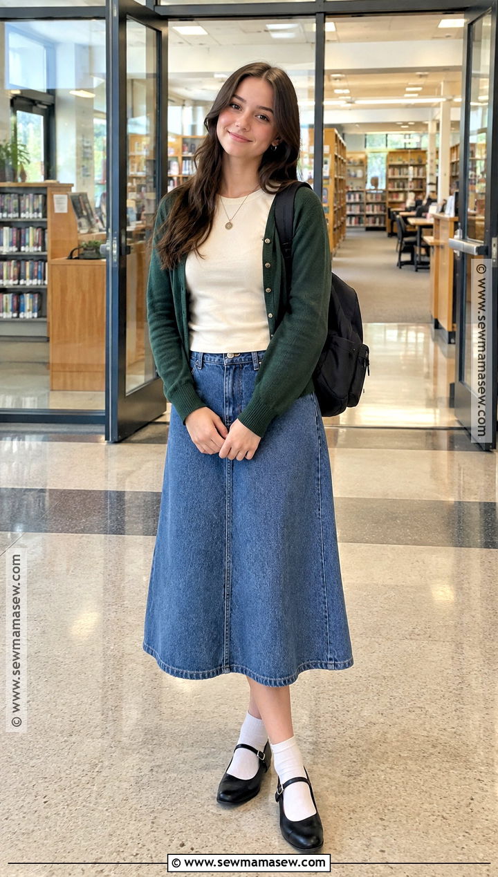 Mary Janes With A Denim Midi Skirt - 15 Back To School Footwear Style Ideas