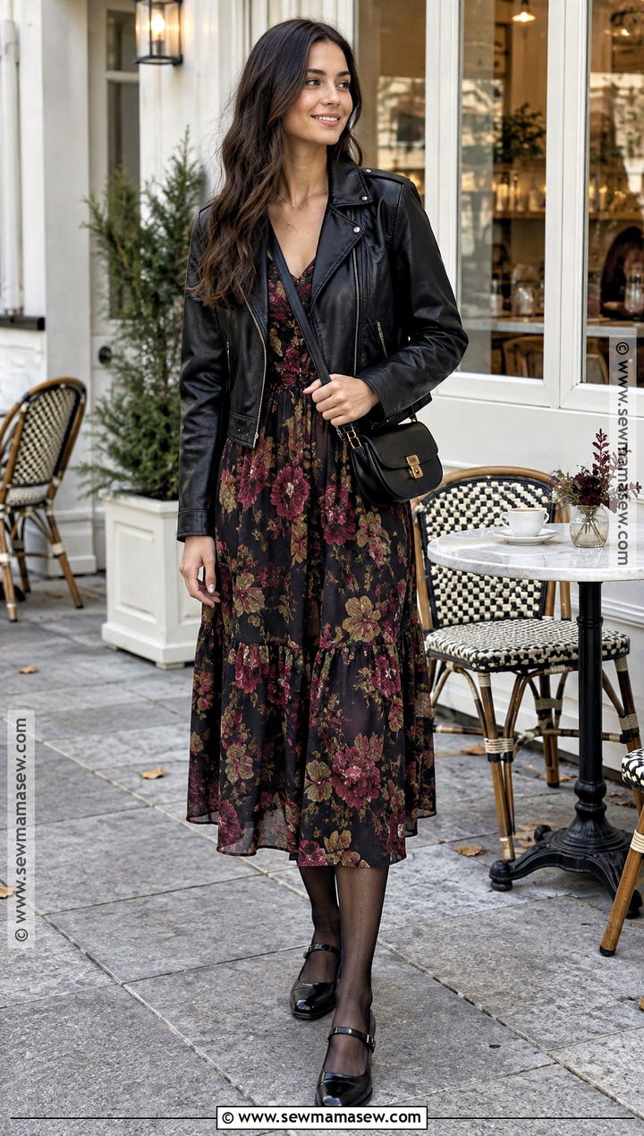 Mary Janes With Leather Jacket And Floral Dress - 20 fall mary jane outfit ideas