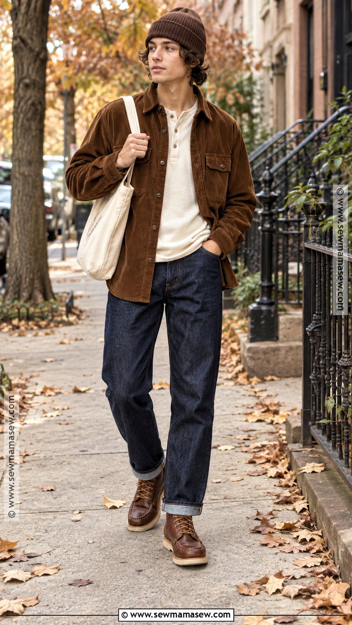 Masc Corduroy Overshirt With Dark Jeans - 20 masc outfits fall