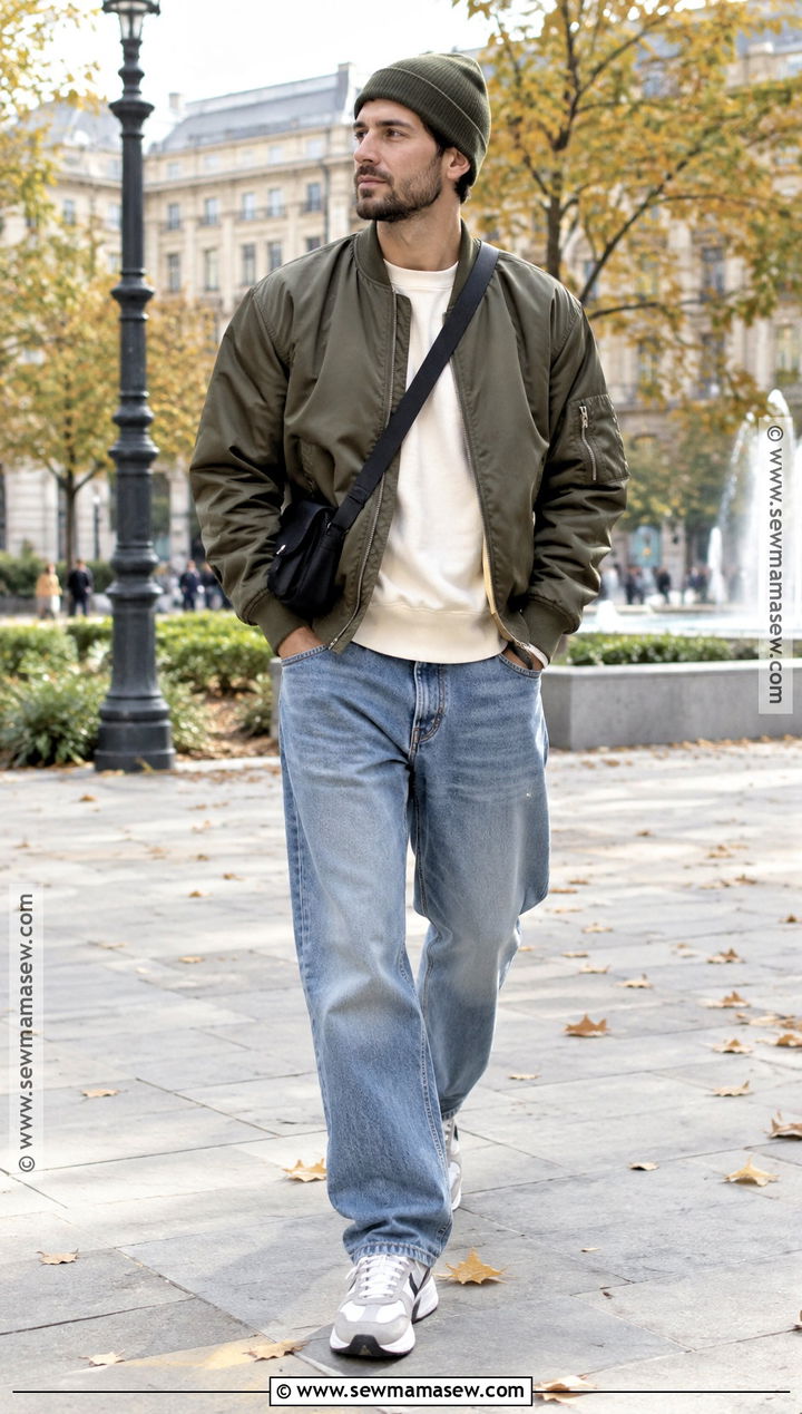 Masc Fall Outfit With Bomber Jacket and Relaxed Jeans - 20 fall outfits masc
