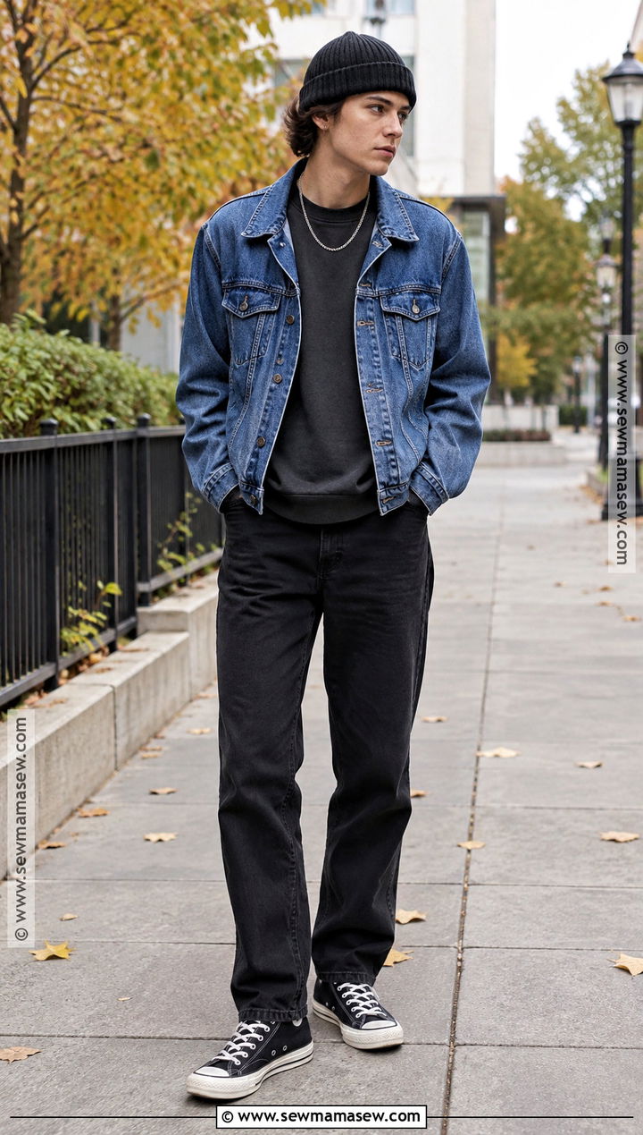 Masc Fall Outfit With Denim Jacket and Black Jeans - 20 fall outfits masc