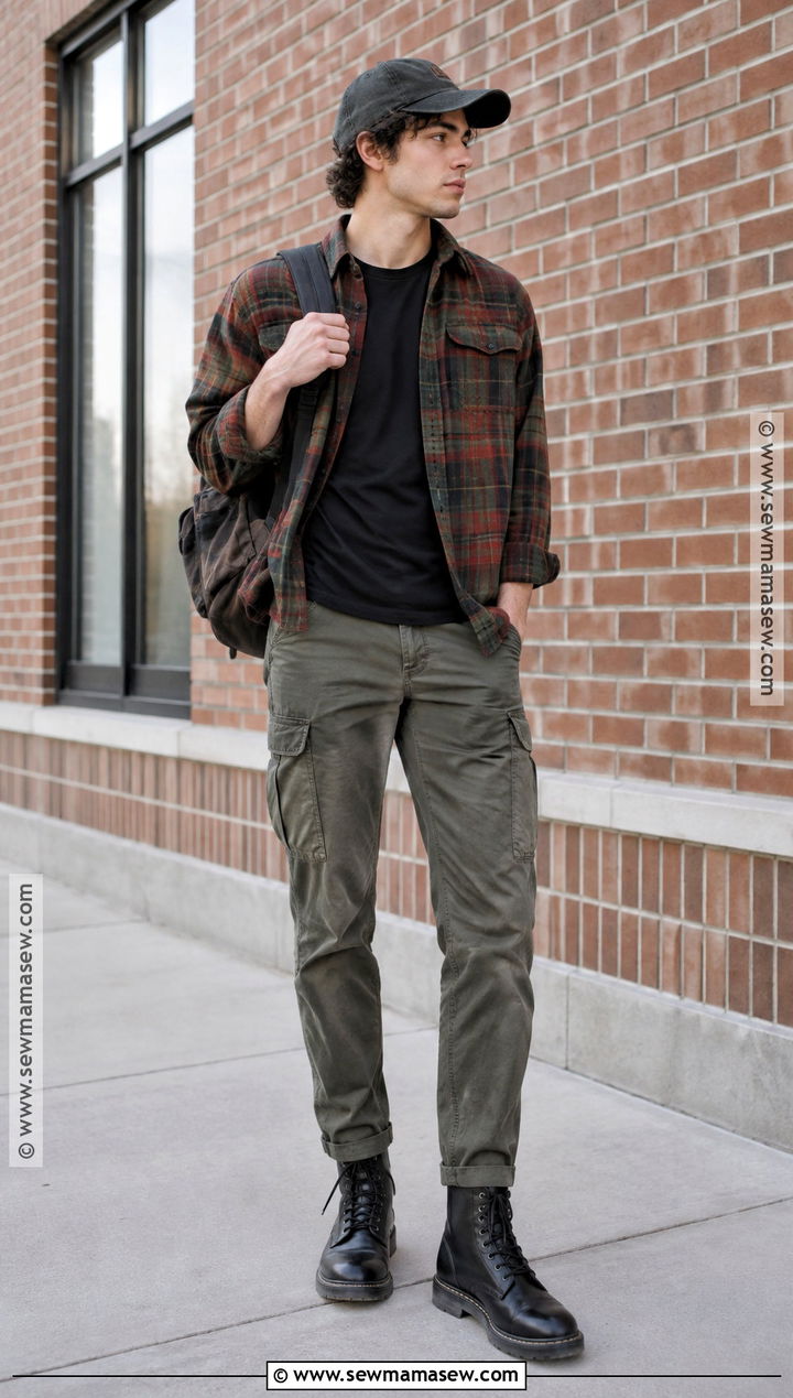 Masc Fall Outfit With Flannel and Cargo Pants - 20 fall outfits masc