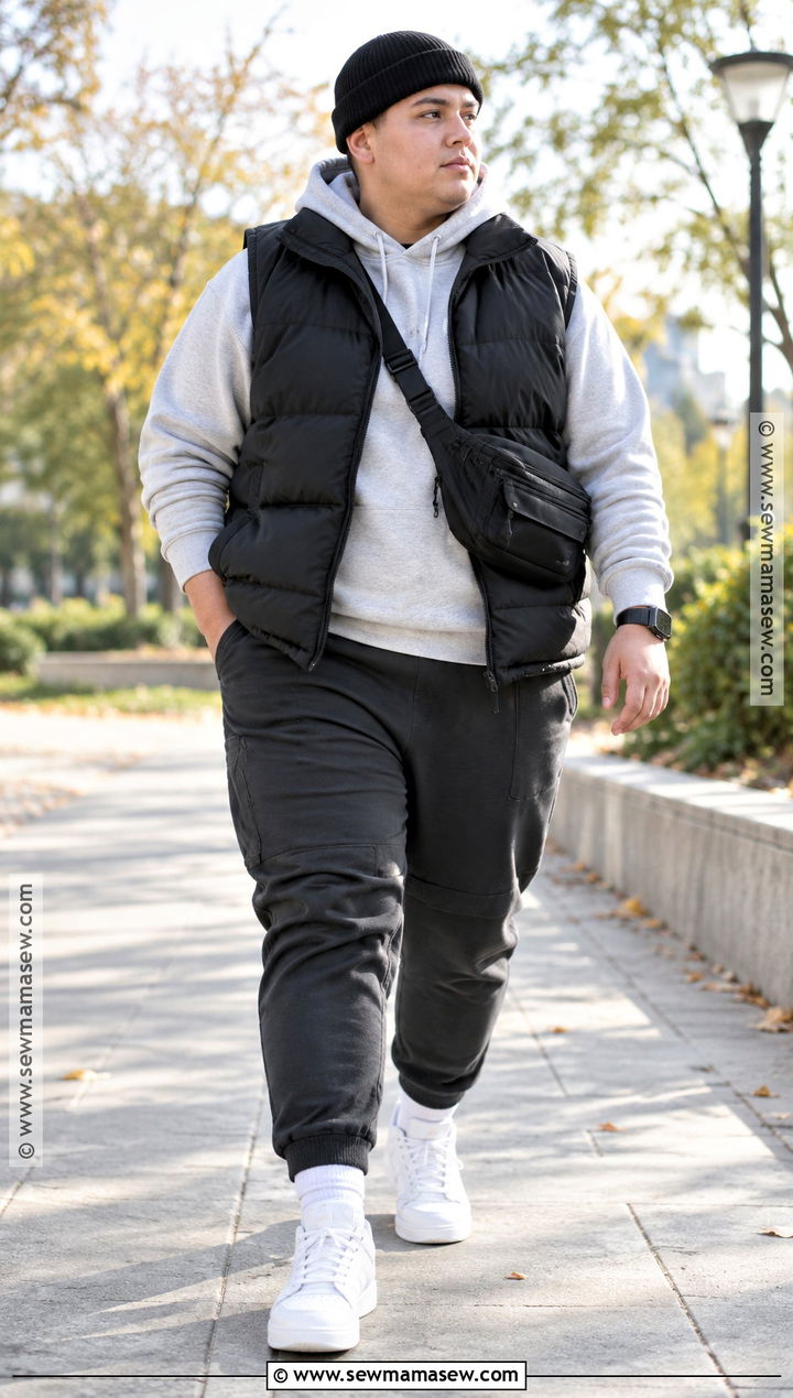 Masc Fall Outfit With Puffer Vest and Jogger Pants - 20 fall outfits masc