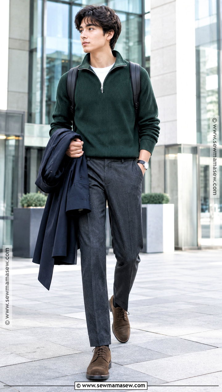 Masc Fall Outfit With Quarter Zip and Tailored Pants - 20 fall outfits masc