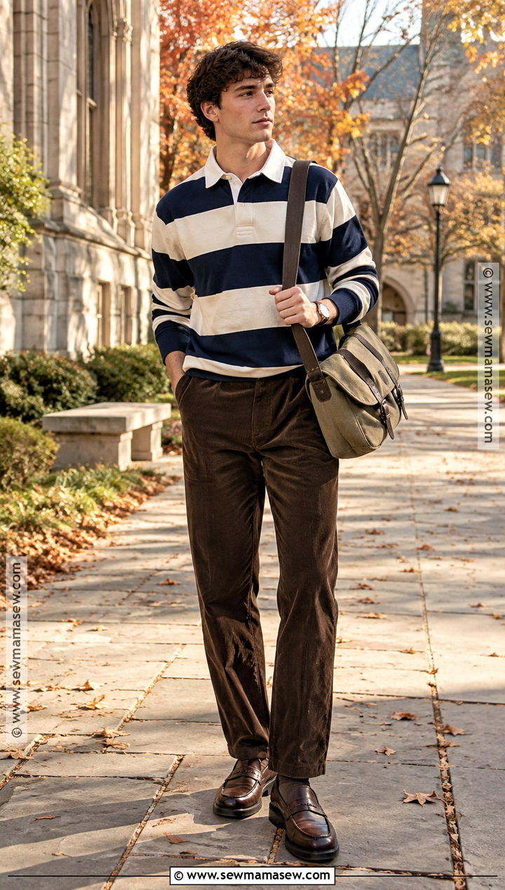 Masc Fall Outfit With Rugby Shirt and Corduroy Pants - 20 fall outfits masc