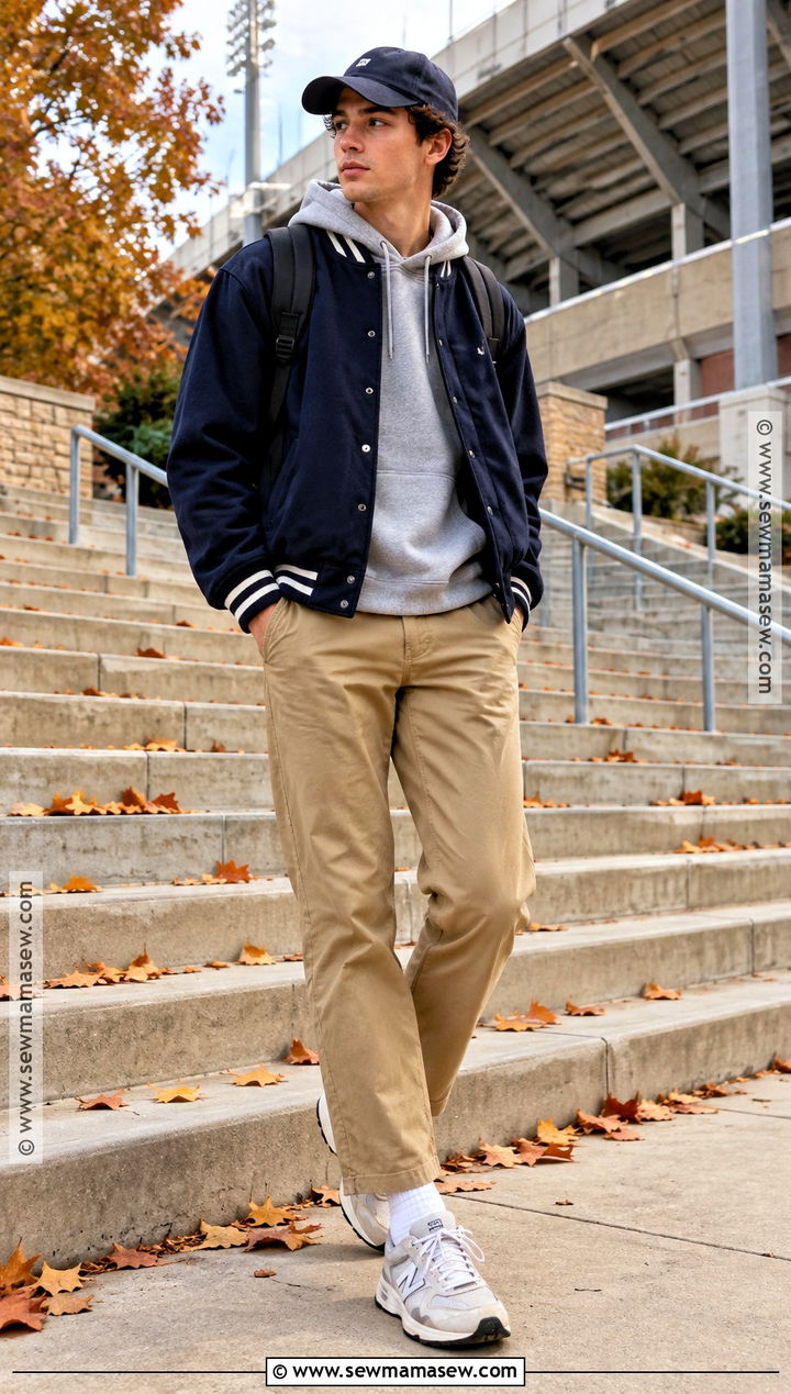 Masc Fall Outfit With Varsity Jacket and Chinos - 20 fall outfits masc