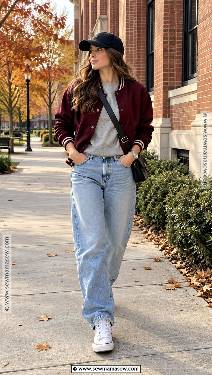 Masc Fall Varsity Jacket And Loose Jeans Outfit - 20 Masc Fall Outfits for Women