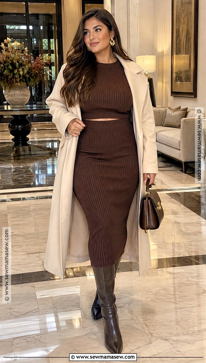 Matching Crop Top And Knit Skirt Set - 15 crop top fall fashion ideas
