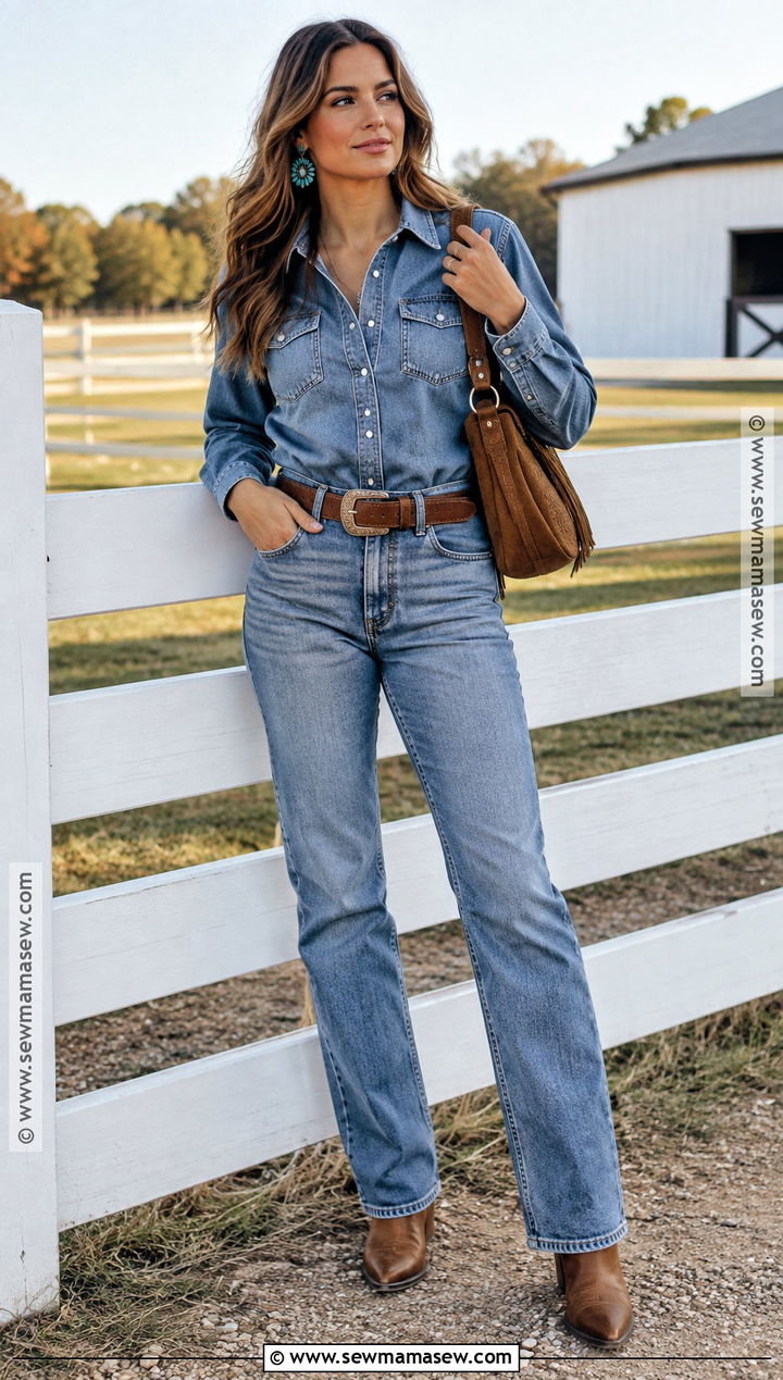 Matching Denim Fall Outfit With Cowboy Boots - 20 southern fall outfits