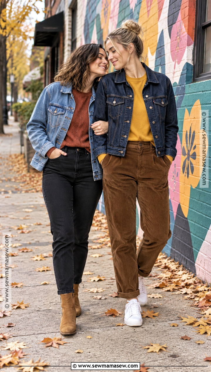 Matching Denim Jackets And Earth Tone Layers - 15 Lesbian Couple Photoshoot Outfits Fall