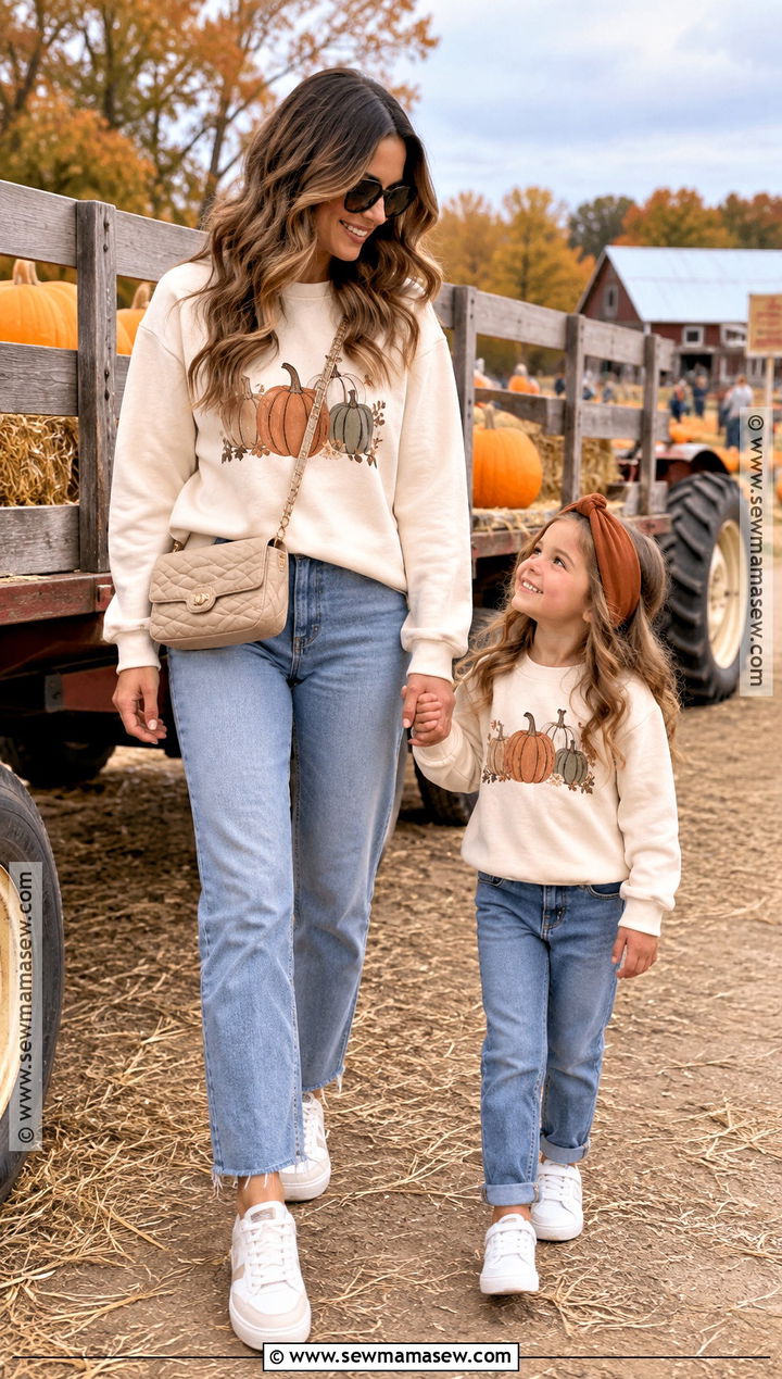 Matching Fall Sweatshirts and Relaxed Jeans Pumpkin Patch Outfit - 15 mom and daughter pumpkin patch outfits