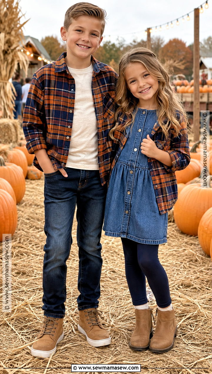 Matching Flannel And Denim Sibling Fall Outfit - 15 sibling fall outfits