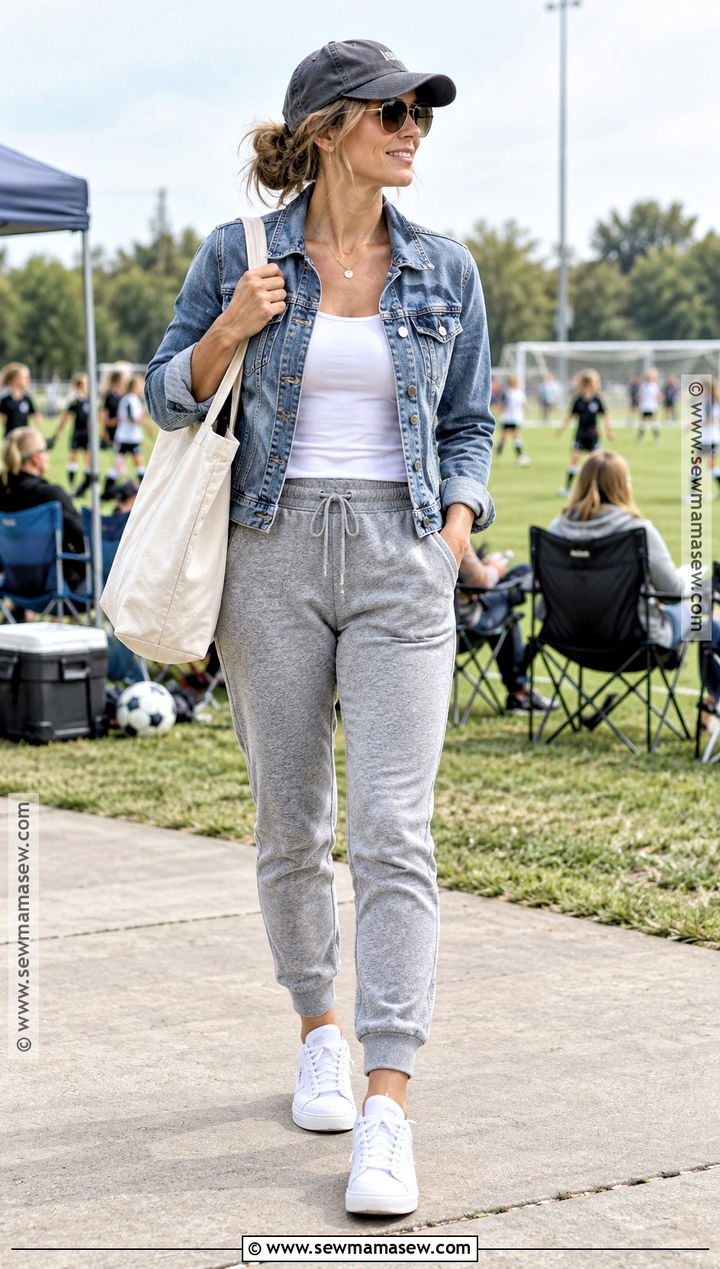 Matching Jogger Set And Denim Jacket Soccer Mom Outfit - 15 soccer mom outfits fall