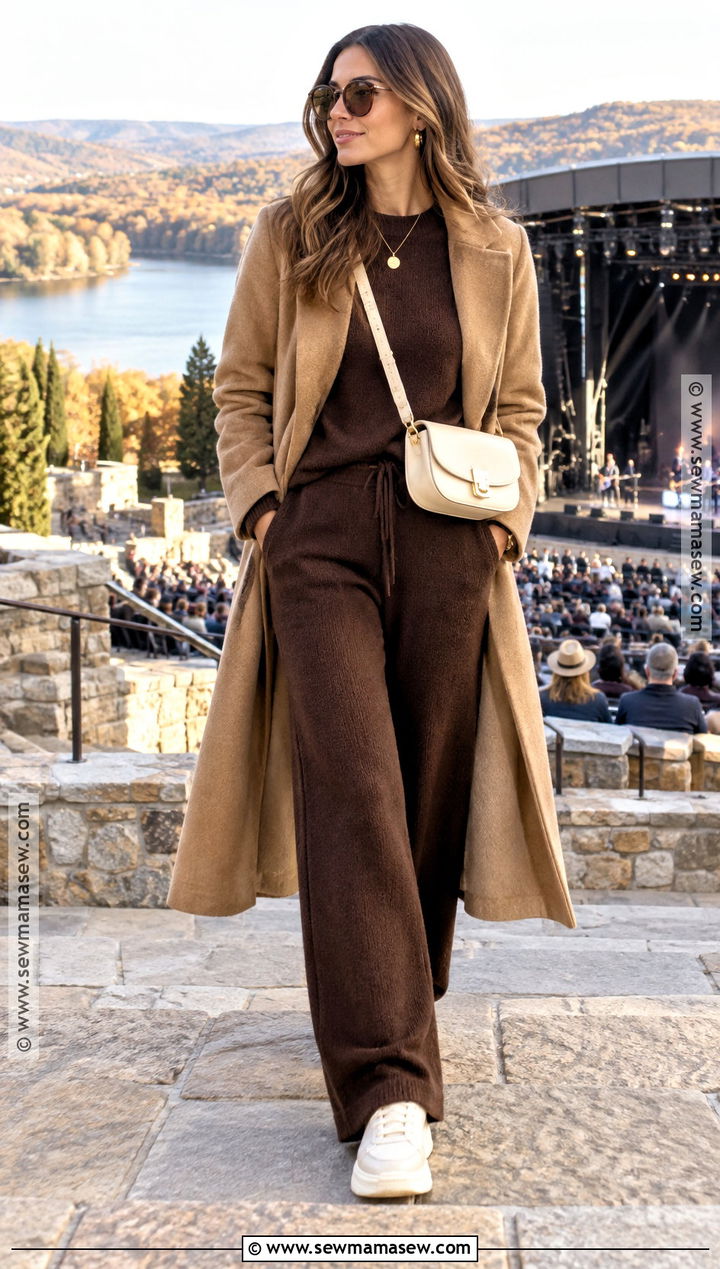 Matching Knit Set And Long Coat Concert Outfit - 20 outdoor concert outfit fall ideas