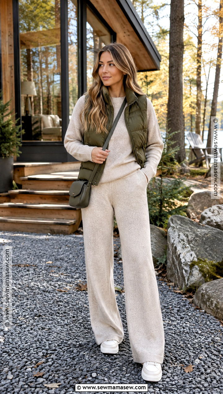 Matching Knit Set And Puffer Vest Fall Photo Shoot Outfit - 30 fall photo shoot outfits