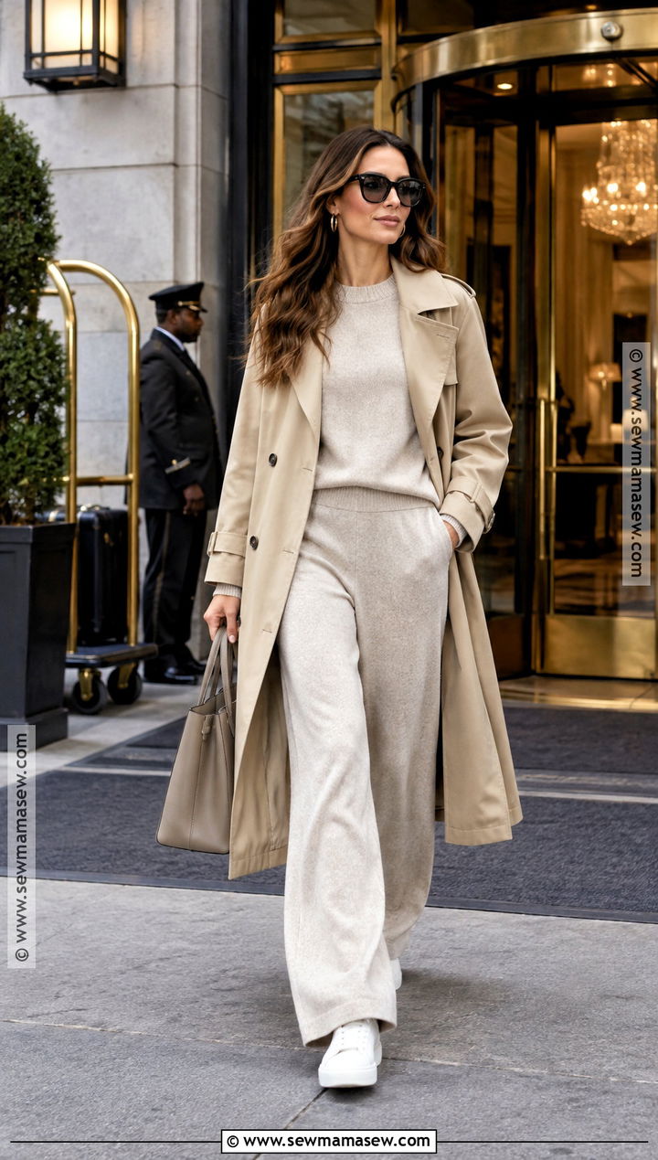 Matching Knit Set With Trench Coat And Sneakers - 15 Weekend In New York City Outfits Fall