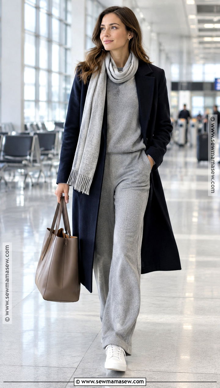 Matching Knit Set With Wool Coat and Sneakers Winter Capsule Outfit - 25 fall winter capsule wardrobe ideas