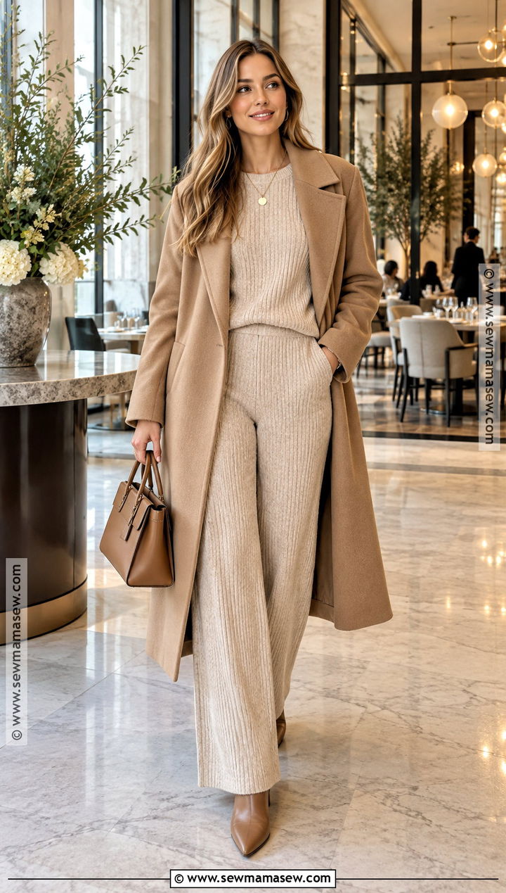 Matching Knit Set and Long Coat Fall Brunch Outfit - 25 fall brunch outfit classy ideas
