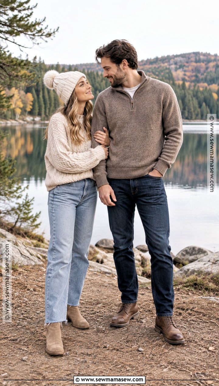 Matching Neutral Sweaters And Dark Denim Fall Couples Photo Outfit - 20 Fall Outfits Couples Photo Ideas