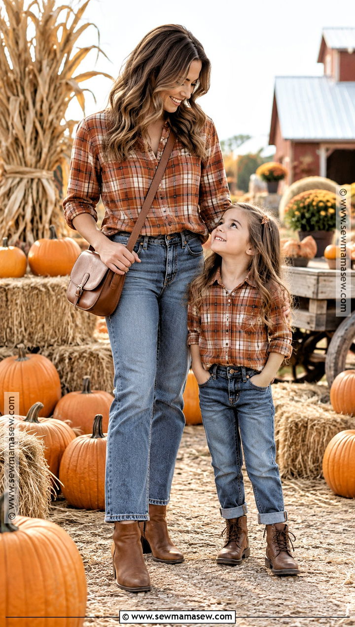 Matching Plaid Shirts and Jeans Pumpkin Patch Outfit - 15 mom and daughter pumpkin patch outfits