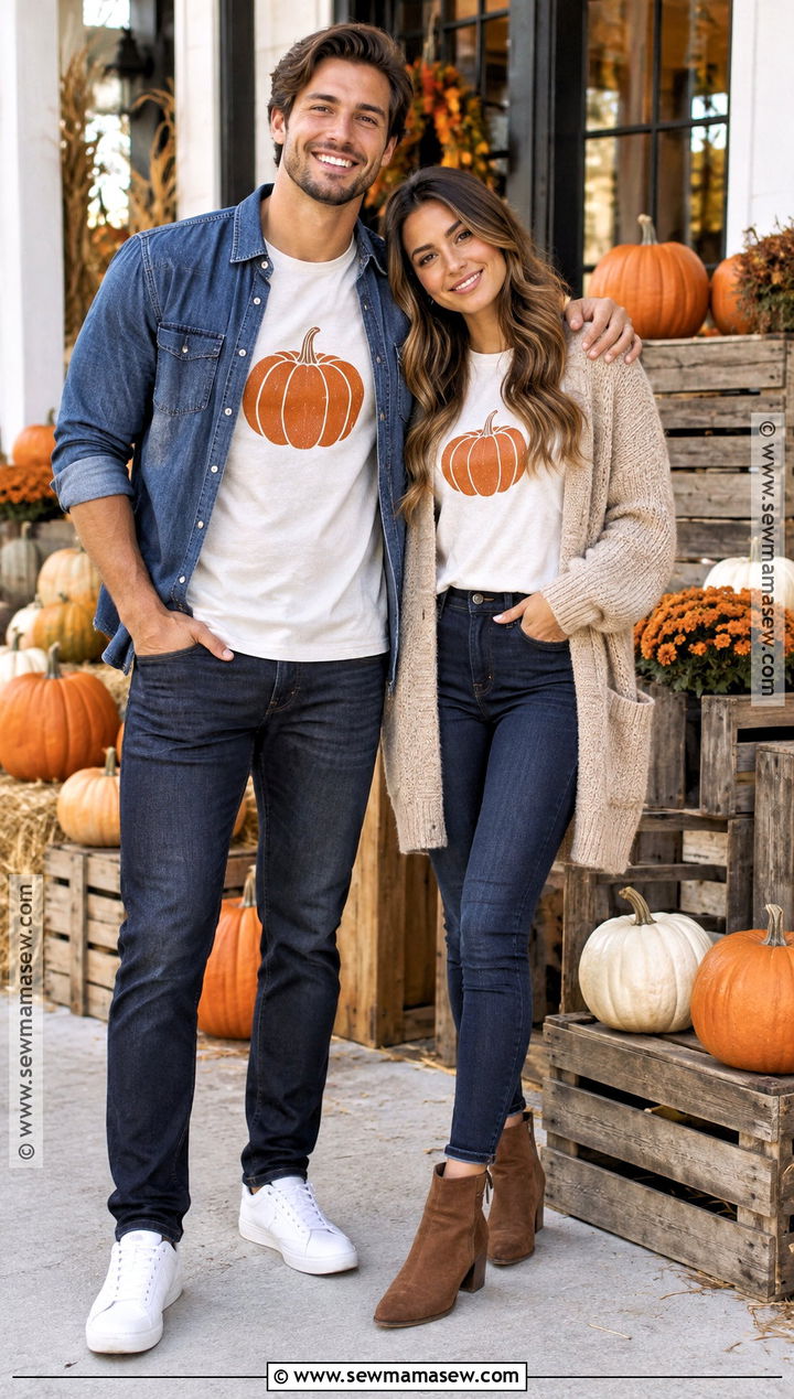 Matching Pumpkin Shirts And Dark Jeans Outfit - 20 matching pumpkin patch outfits for couples
