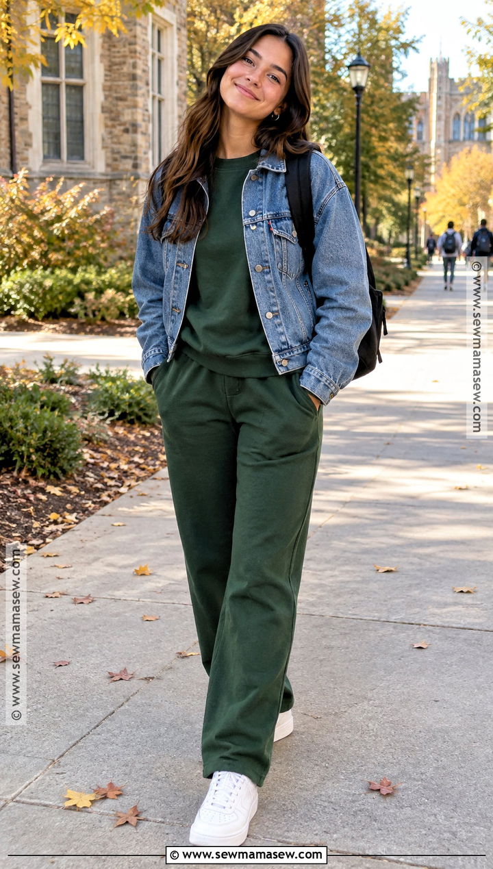 Matching Sweat Set And Denim Jacket School Outfit - 20 cute school outfits fall