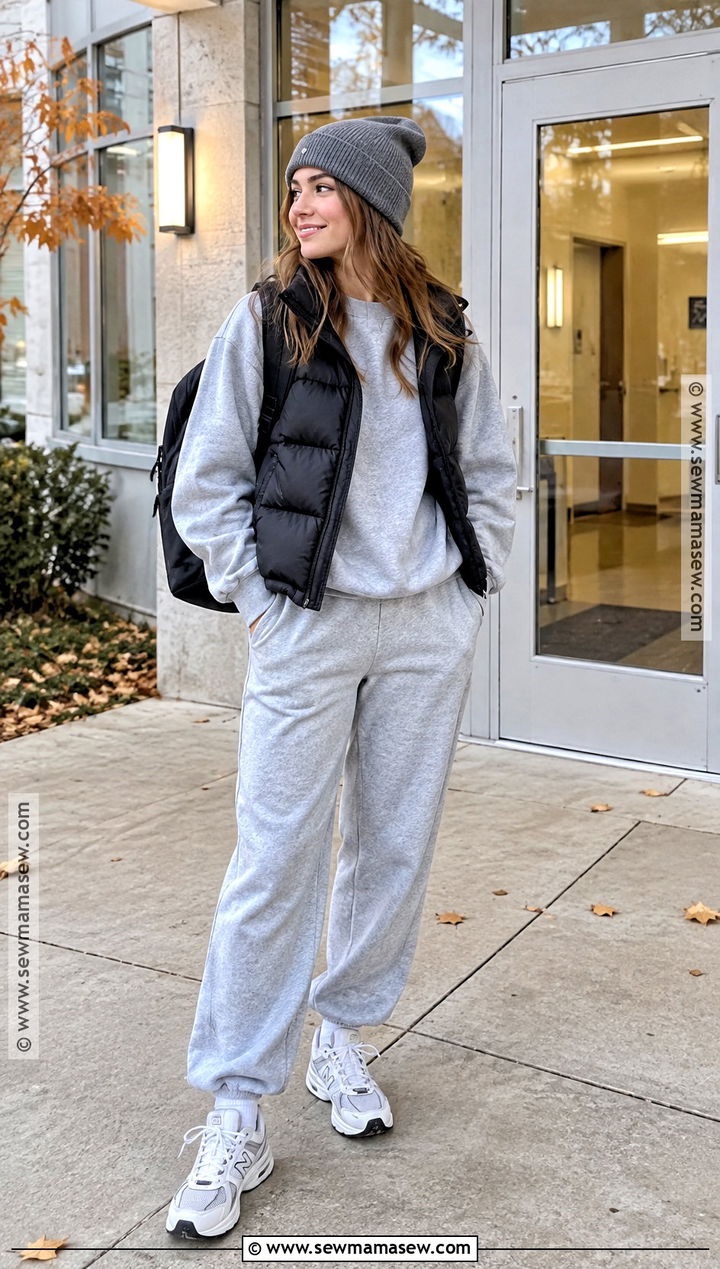 Matching Sweat Set And Puffer Vest College Outfit - 20 Autumn Outfits For College