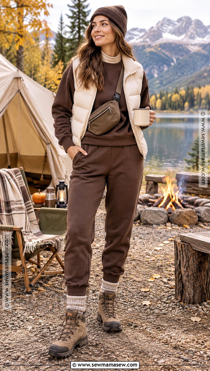 Matching Sweat Set And Puffer Vest Fall Camping Outfit - 25 fall camping outfits