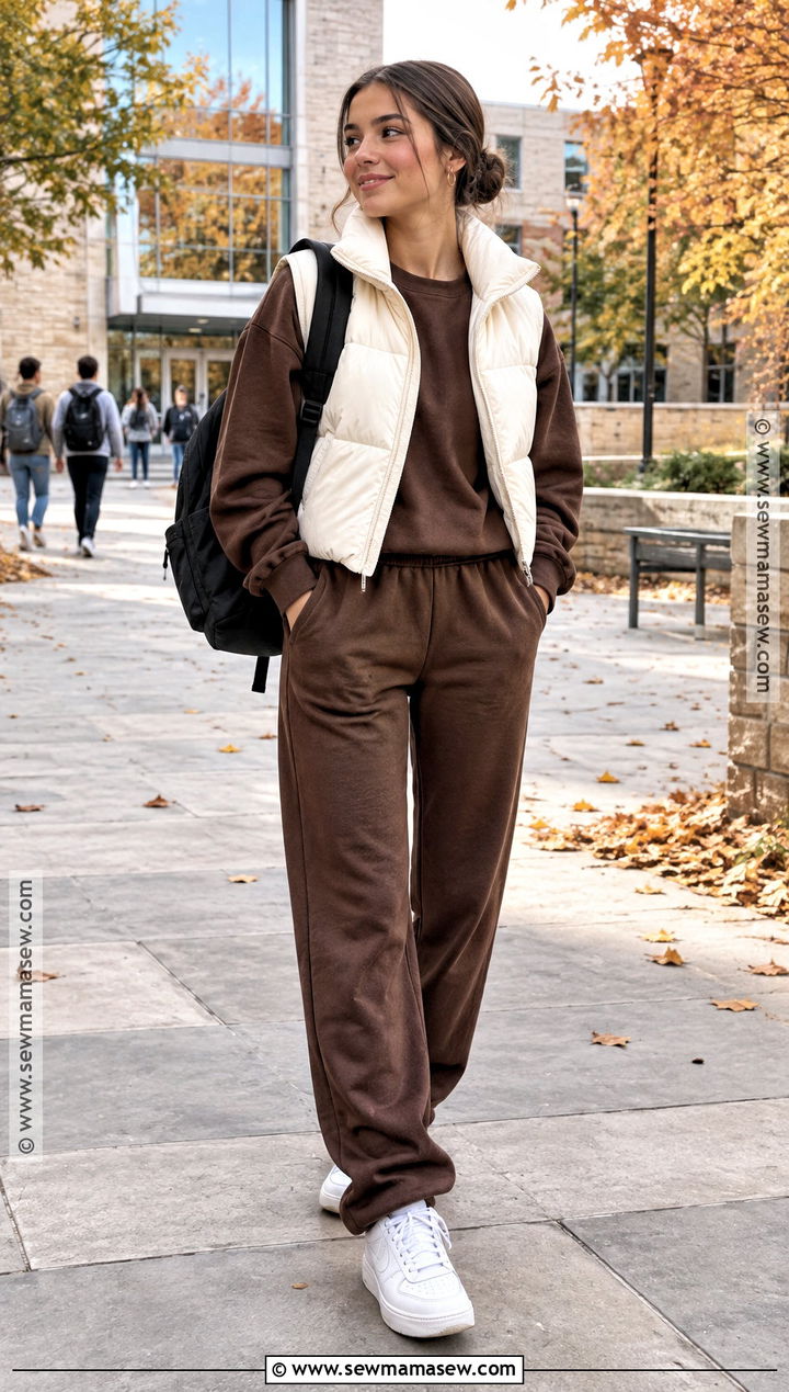Matching Sweat Set And Puffer Vest School Outfit - 15 fall school outfits highschool baddie