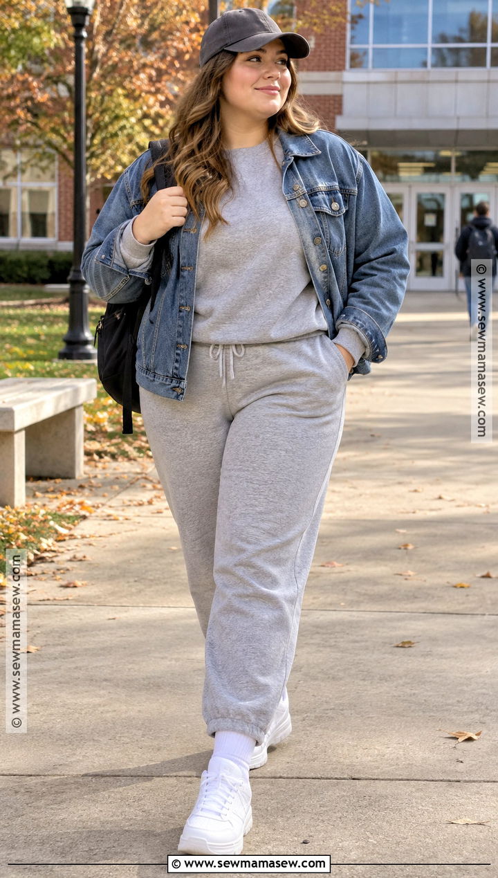 Matching Sweat Set With Denim Jacket - 15 comfy outfits for school fall