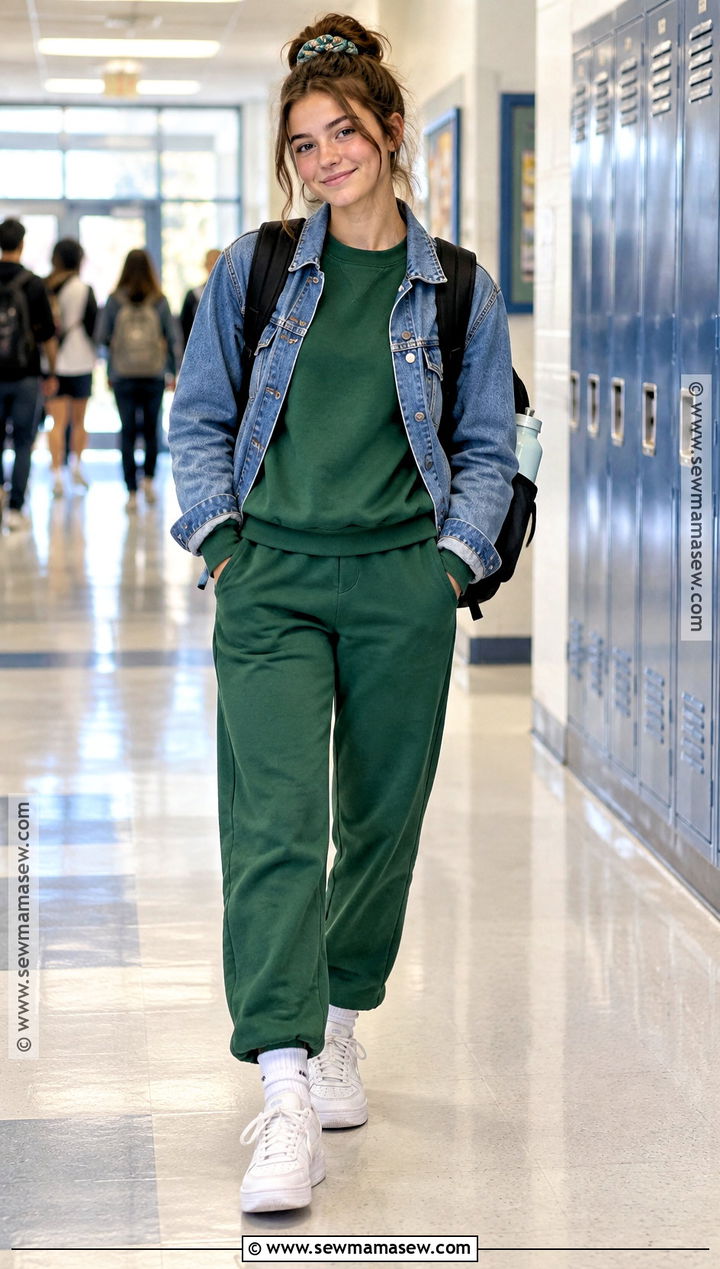 Matching Sweat Set and Denim Jacket School Outfit - 25 fall outfits for school for teens