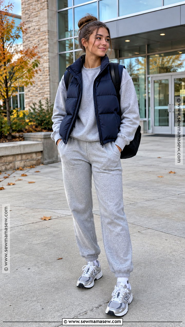 Matching Sweat Set and Puffer Vest School Outfit - 20 Fall Inspo Outfits For School