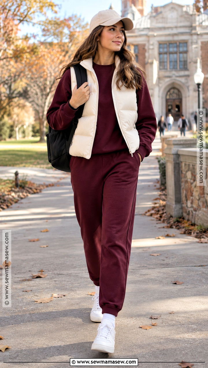 Matching Sweatpants Set With Puffer Vest - 15 sweatpants outfit for school fall ideas