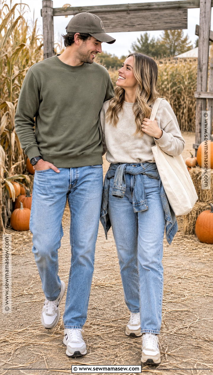 Matching Sweatshirts And Relaxed Jeans Pumpkin Patch Outfit - 20 matching pumpkin patch outfits for couples