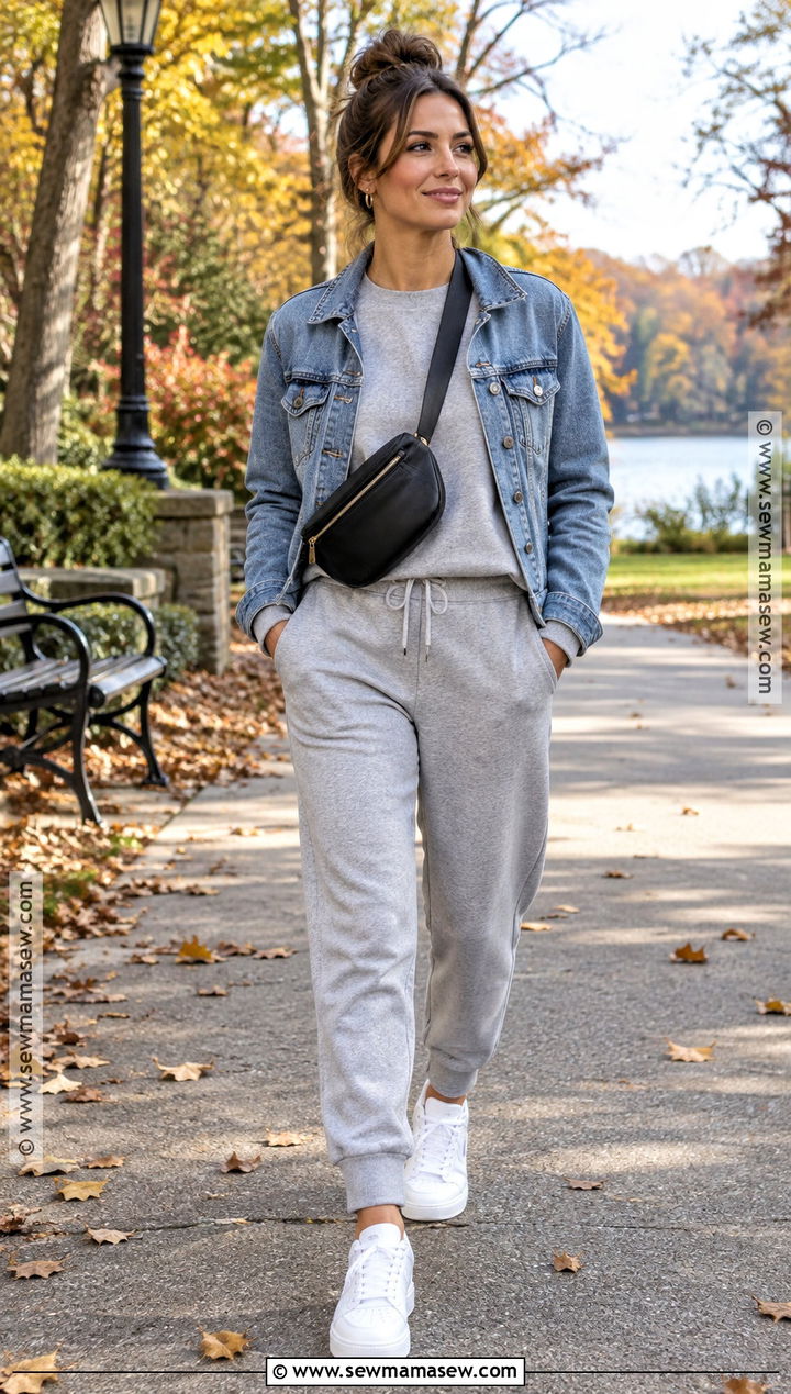 Matching Sweatsuit And Denim Jacket Fall Outfit - 20 Easy Fall Outfits for Moms