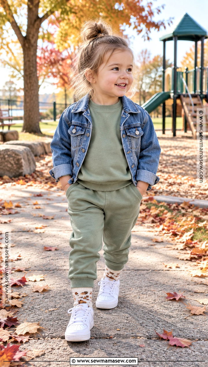 Matching Sweatsuit And Denim Jacket Fall Toddler Outfit - 15 fall themed toddler clothing ideas