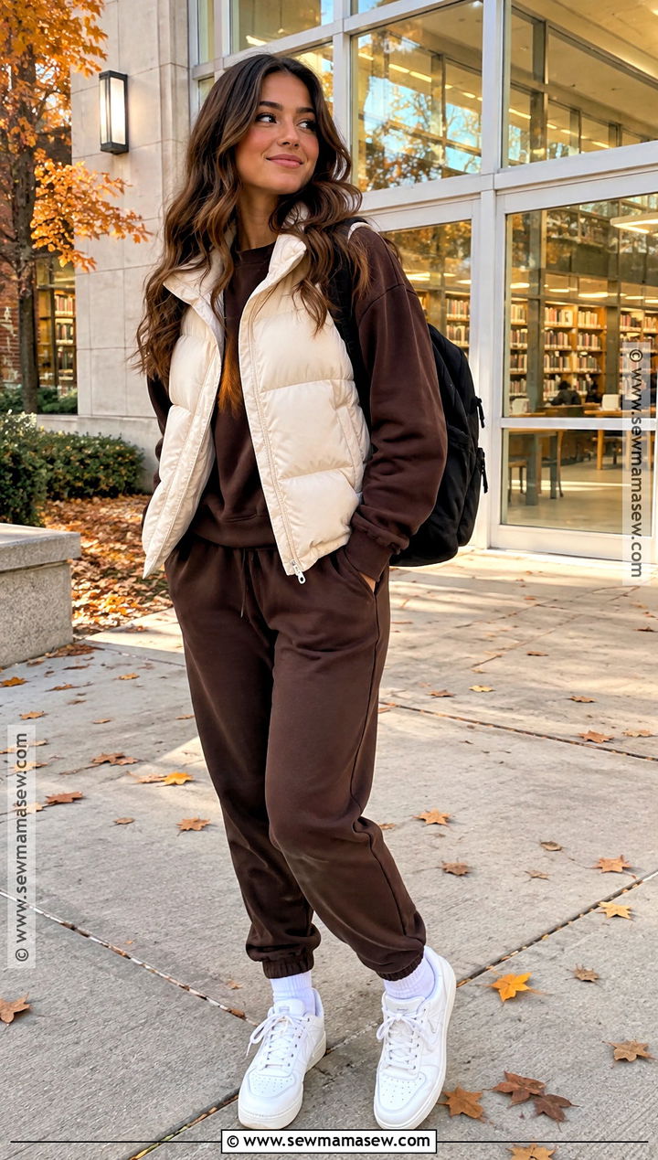 Matching Sweatsuit And Puffer Vest Fall School Outfit - 15 fall lazy outfits for school